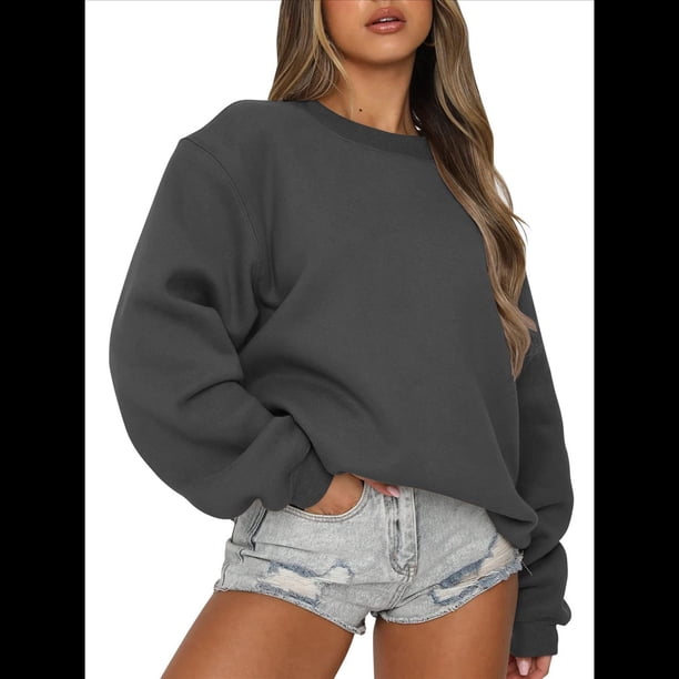 Sudaderas de Larga para Mujer, Cuello Redondo, Jerséis Holgados, Tops de Otoño Gris Oscuro M