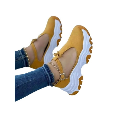 

Tenmix Womens Casual Shoes Buckle Platform Sandals Bow Walking Shoe Mid Heel Sneakers Ladies Lightweight Breathable Flats Yellow 6