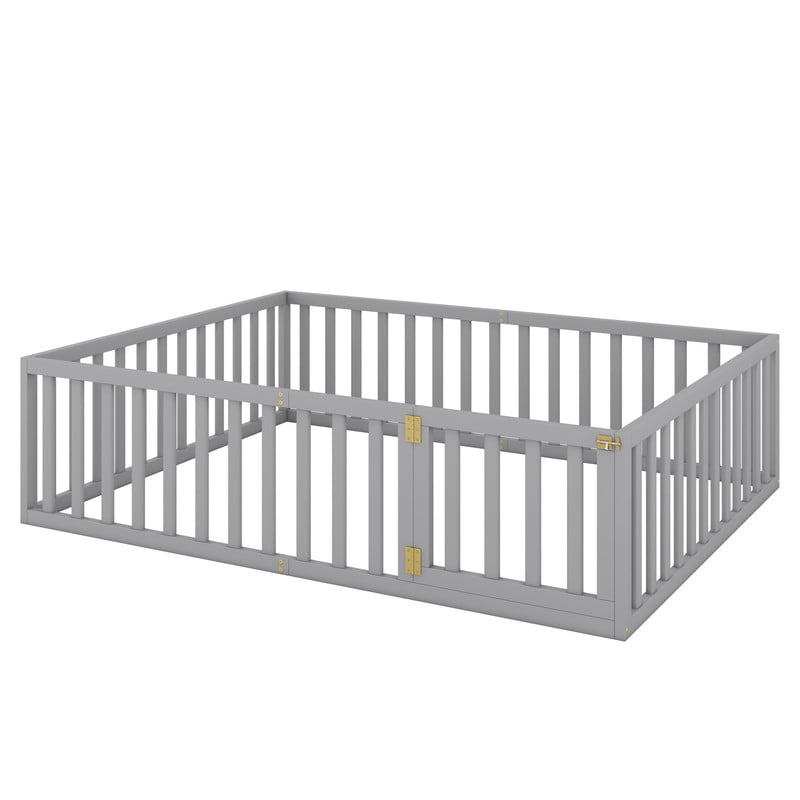 Queen Size Floor Bed Montessori Bed with Fence Guardrails and Door, Wooden Toddler Bed Playhouse Bed Platforn Bed for Boys Girls, No Slats