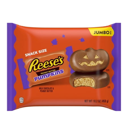 REESE'S, Milk Chocolate Peanut Butter Pumpkins Snack Size Candy, Halloween, 16.2 oz, Jumbo Bag