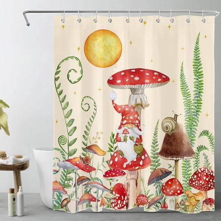 Mushroom Shower Curtain for Bathroom, Beige Background Boho Style Stars Moon and Funny Gnome Fabric Shower Curtain with Hooks, Plant Leaf Aesthetic Bathroom Curtains Shower Set, 60x72 inches