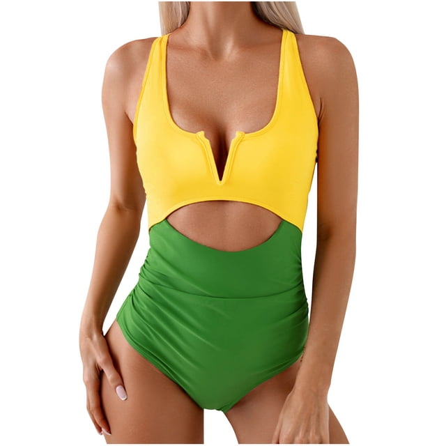 Traje de baño de una pieza para mujer, conjuntos de bikini para mujer, bikinis de nailon con tirantes y escote en V, diseño de bloques de color, espalda descubierta y cuello plegable.
