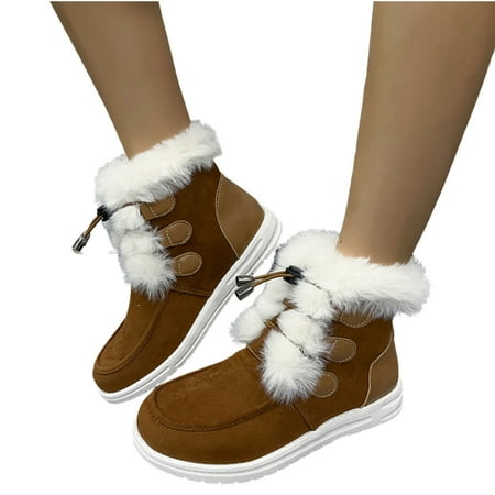 

Xfvqtps Womens Snow Boots Suede Upper Adjustable Shoelaces Plush Lining Solid Color Thickened Insulated Warm Flat Thick Bottom Round Toe Soft Sole Comfortable Non Slip Winter Short Boots Brown