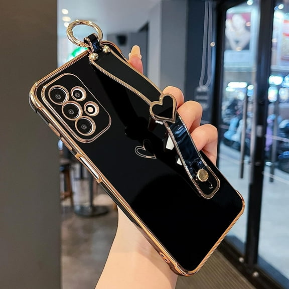 Samsung Galaxy A23 4G/5G Case with Kickstand,Luxury Cute Plating Edge Love Hearts Pattern Wrist Strap Finger Holder for Girls Women,Soft Shockproof Cover for Galaxy A23 6.6",Black
