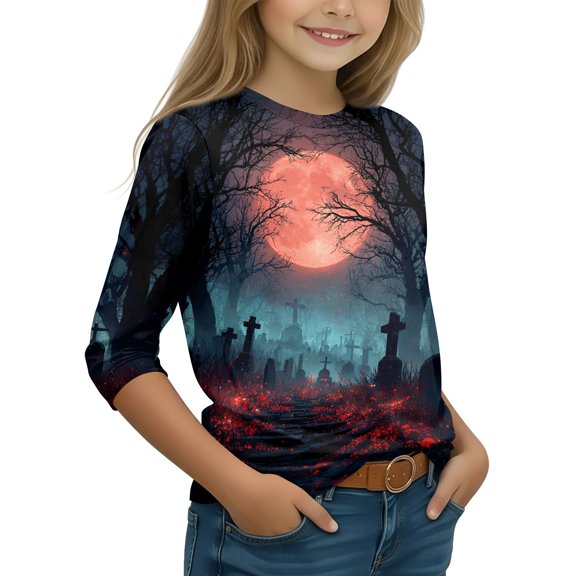 Grblisyd Unisex Kids Halloween Shirts 3/4 Sleeve Holiday Cute Graphic Tops Boys Girls Fashion Fall Crew Neck T-Shirt for Daily Wear