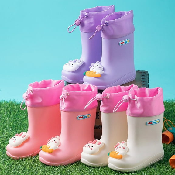 Hpapadks Rain Boots Toddler Rubber Cute Cartoon Non Slip Water Shoes With Adjustable Drawstring Casual Hiking Waterproof Beige 2.5-3 Y