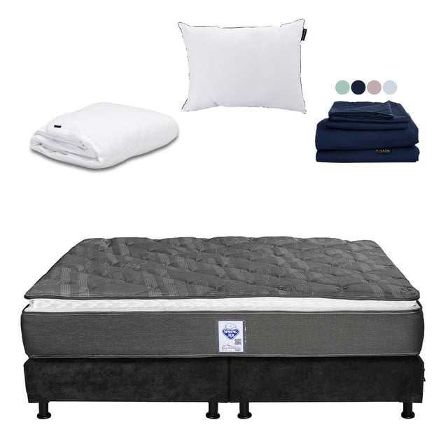 Colchón King Size Spring Air Aries + Box + Almohada One + Protector Cloud + Sábanas Softy