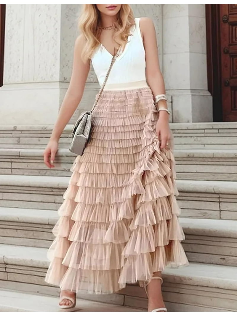 Womens Long Maxi Tulle Skirt A Line Ruffle Mesh High Waisted Tiered Layered  Skirts Petticoat - Walmart.com