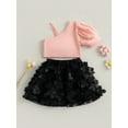 thumbnail image 4 of Bagilaanoe 2Pcs Little Girls Skirt Set Short Sleeve One Shoulder Crop Tops Tops + 3D Butterfly Skirt 4T 5T 6T 7T Kids Casual Outfits, 4 of 8