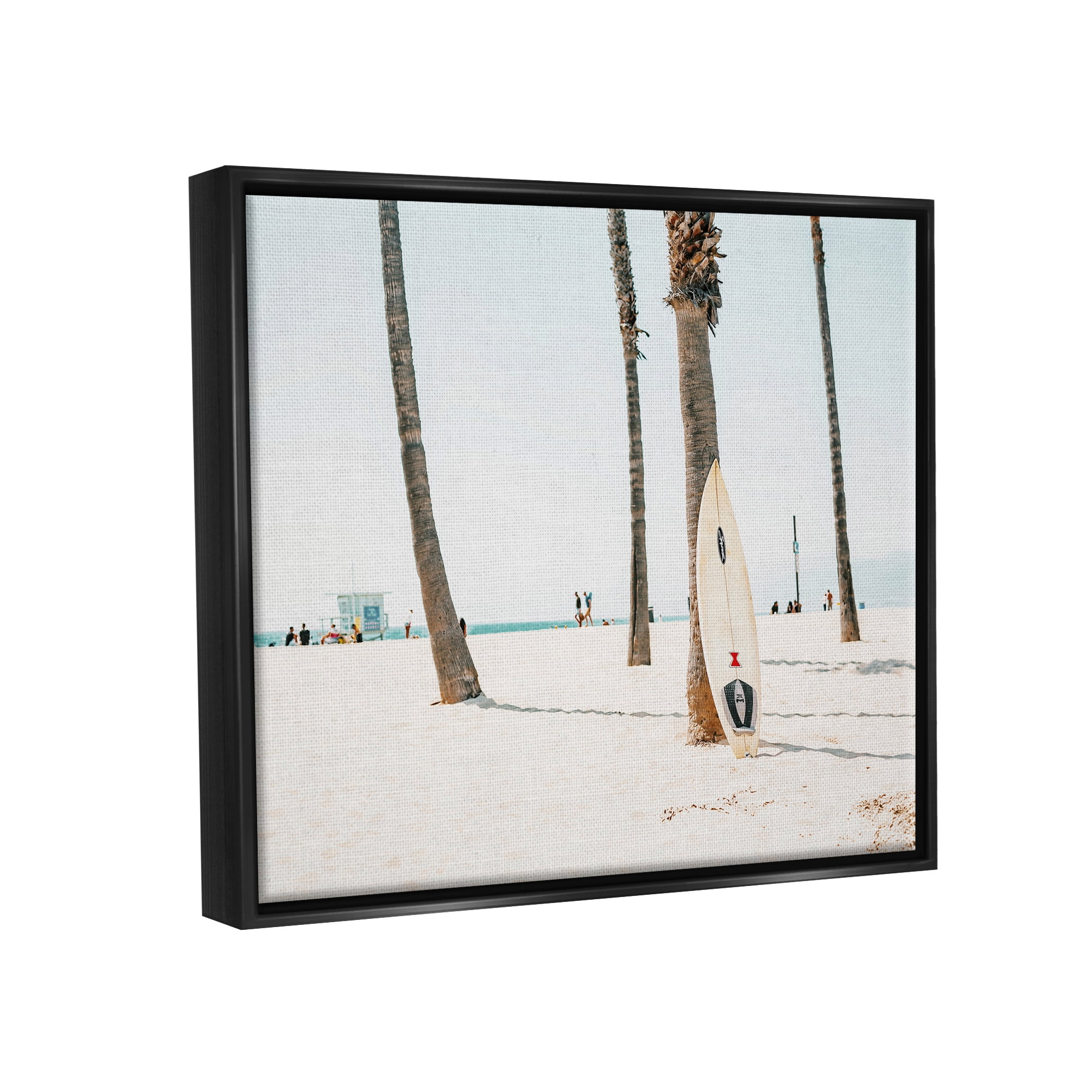 Stupell Surfboard Leaning Tropical Palm Trees Landscape Photography Black Floater Framed Art Print Wall Art