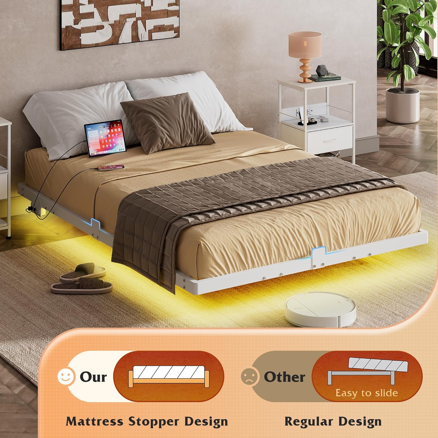 WLIVE Floating Bed Frame Full Size with LED Lights and Charging Station, Metal Platform Bed Frames Full, No Box Spring Needed, Sturdy Support, Easy Assembly, No Noise, White