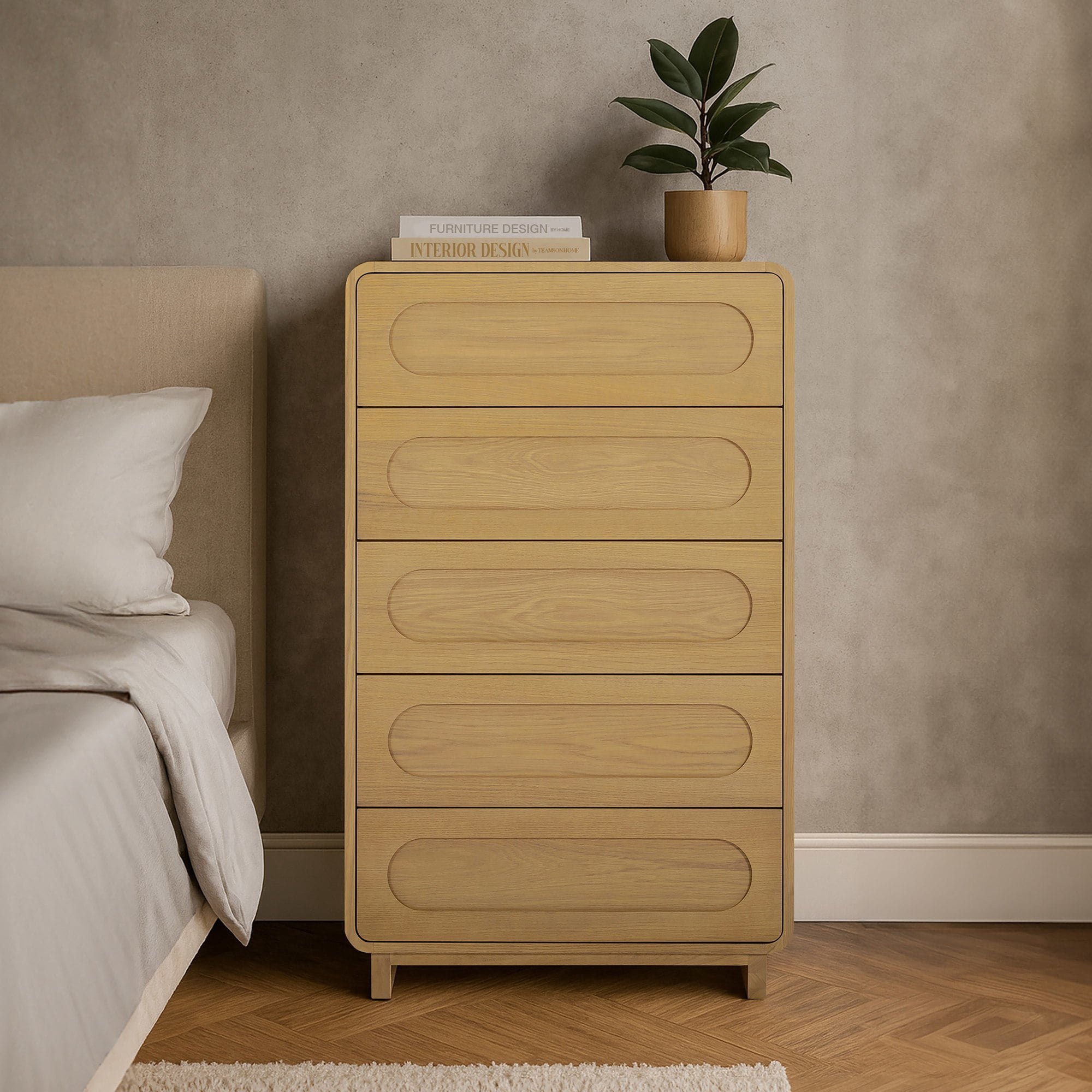 Tenley Mid-Century 5-Drawer Chest Dresser in Natural - Teamson Home: Push-Open Drawers, Wooden Construction with Real Oak Veneer