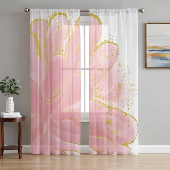Sheer Curtains 84 Inches Long, Pink Gold Light Filtering Window Curtains for Living Room, Boho Modern Abstract Minimalist Aesthetic Flower Rod Pocket Voile Sheer Curtain Drapes, 52"W x 84"L, 2 Panels