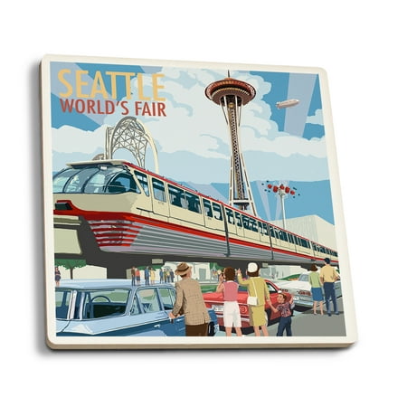 Seattle, Washington - Space Needle Opening Day Scene - Lantern Press Artwork (Set of 4 Ceramic Coasters - Cork-backed,