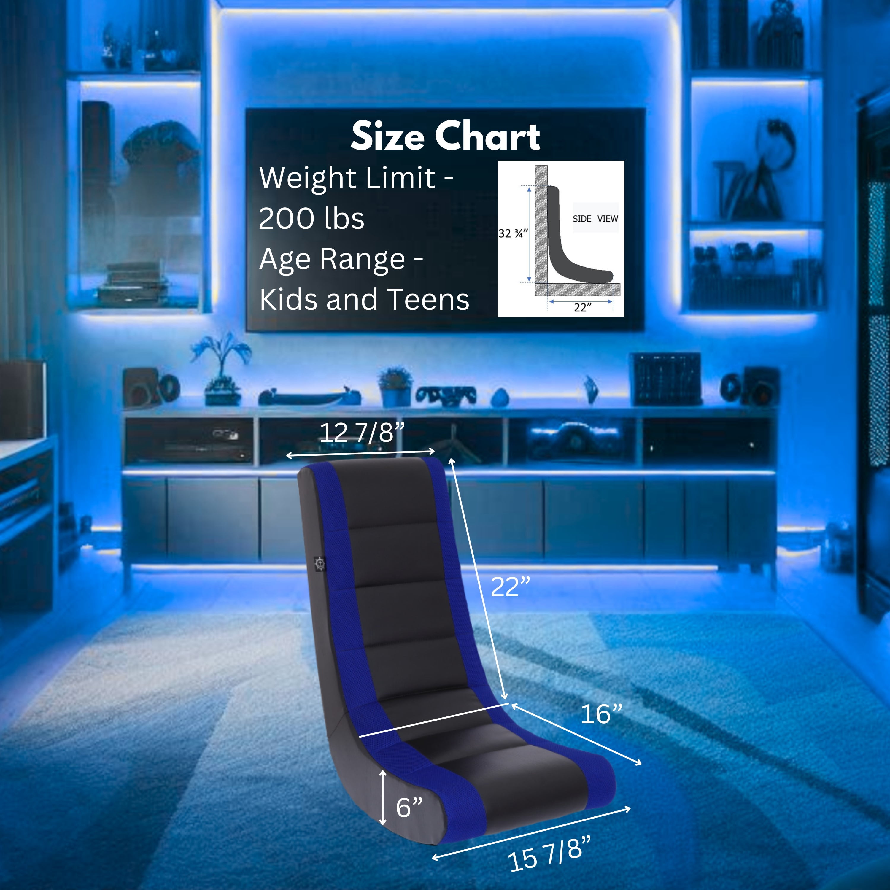 The Crew Furniture Classic Video Rocker Floor Gaming Chair, Kids and Teens, PU Faux Leather & Polyester Mesh, Black/Blue