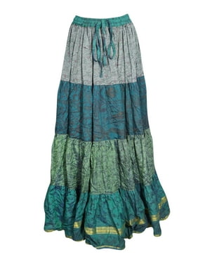 Mogul Women Blue Maxi Skirt Vintage Tiered Full Flared Recycle Sari Printed Boho Chic Summer Beach LONG Skirts M/L
