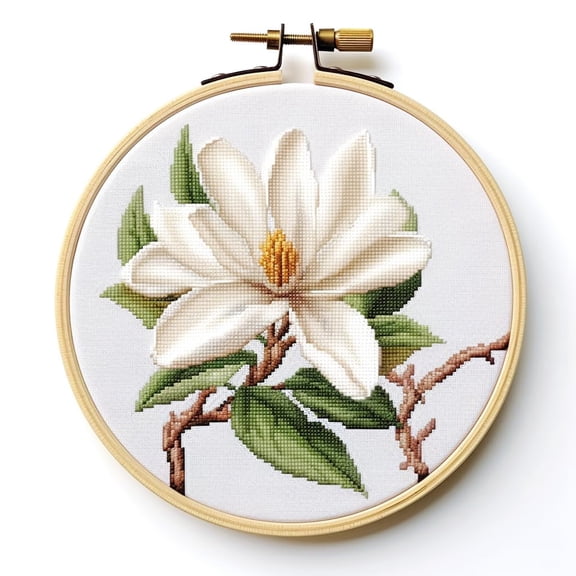 White Magnolia Flower DIY Stamped Cross Stitch Kits for Beginners Easy with Hoop 11CT Needlepoint Embroidery Counted Cross Stitch Kits Art Craft Wall Decoration 30x30cm(1)