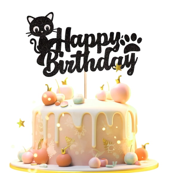 Decoración para tartas STATWTHMA con forma de gato negro con purpurina, feliz cumpleaños