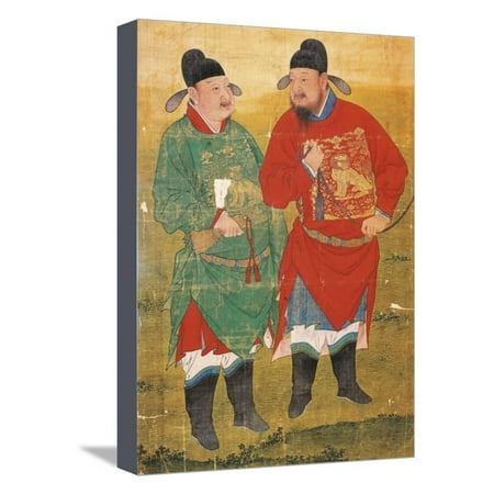 Chinese Art Silk Watercolor Painting (Painting on Silk Depicting Two Mandarins, China, 17th Century, Ming Dinasty Stretched Canvas Print Wall)