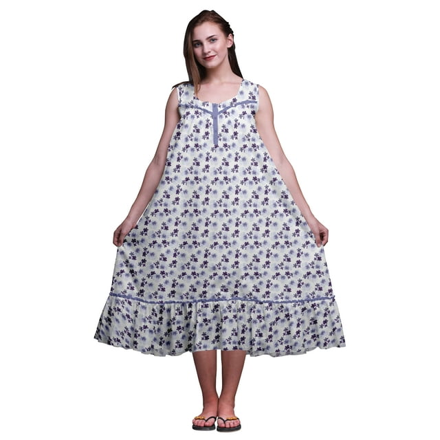 Bimba Nuisettes en Coton Imprimées Bleu Violacé à Pervenche Florale pour Femmes Robe Sans Manches Tenue de Nuit Robe Maxi Grande