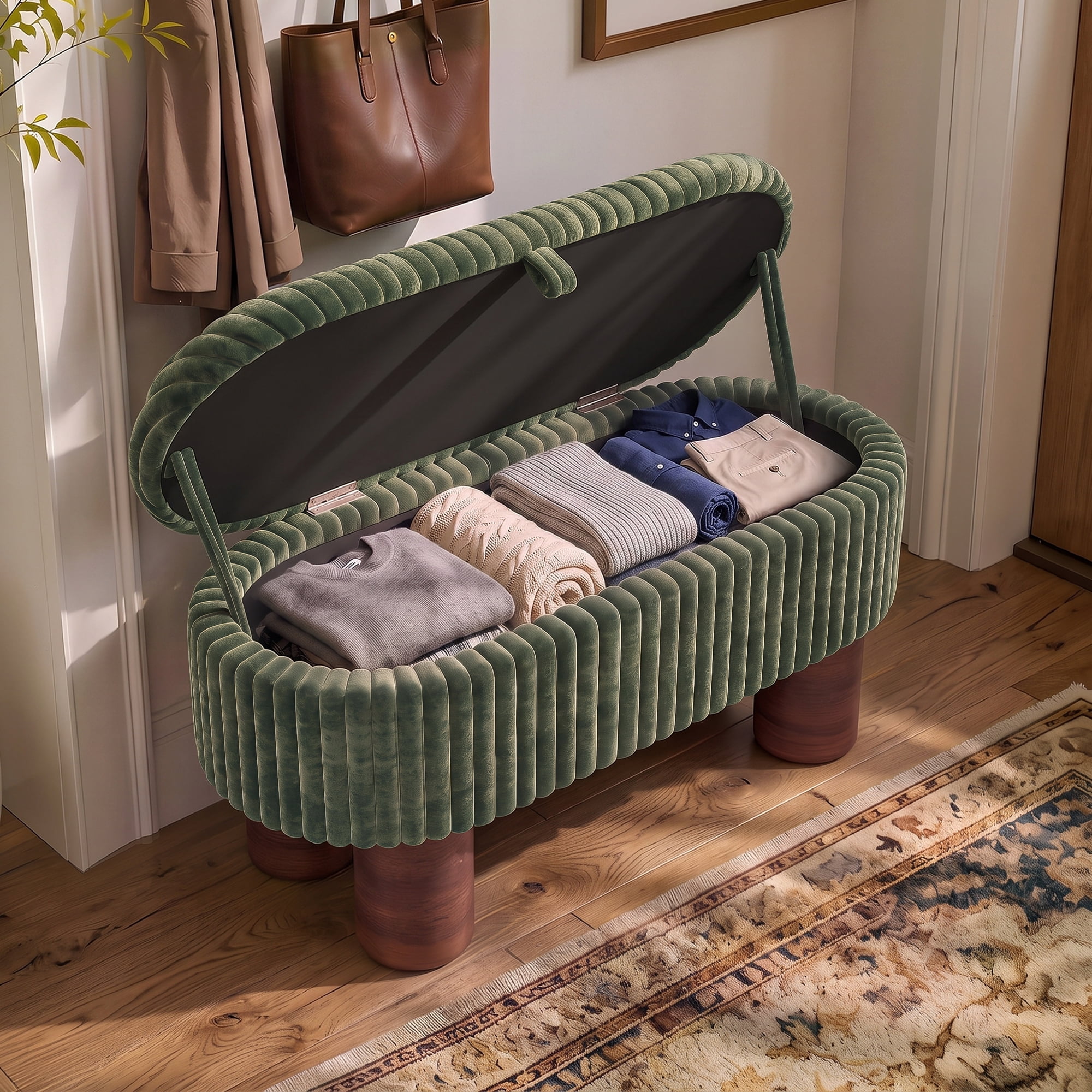 Euroco Modern Storage Ottoman Bench,Corduroy Upholstered Entryway Shoe Bench, End of Bed Bench for Living Room Bedroom,Green