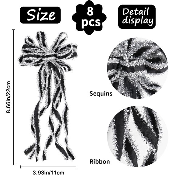 SHILIU-8 Pcs Black/Silver Velvet Christmas Bows for Christmas Tree Decorations Door Wreath Garland Bow Ornaments, for Gift Wrapping Wedding Home Holiday Party Decor.