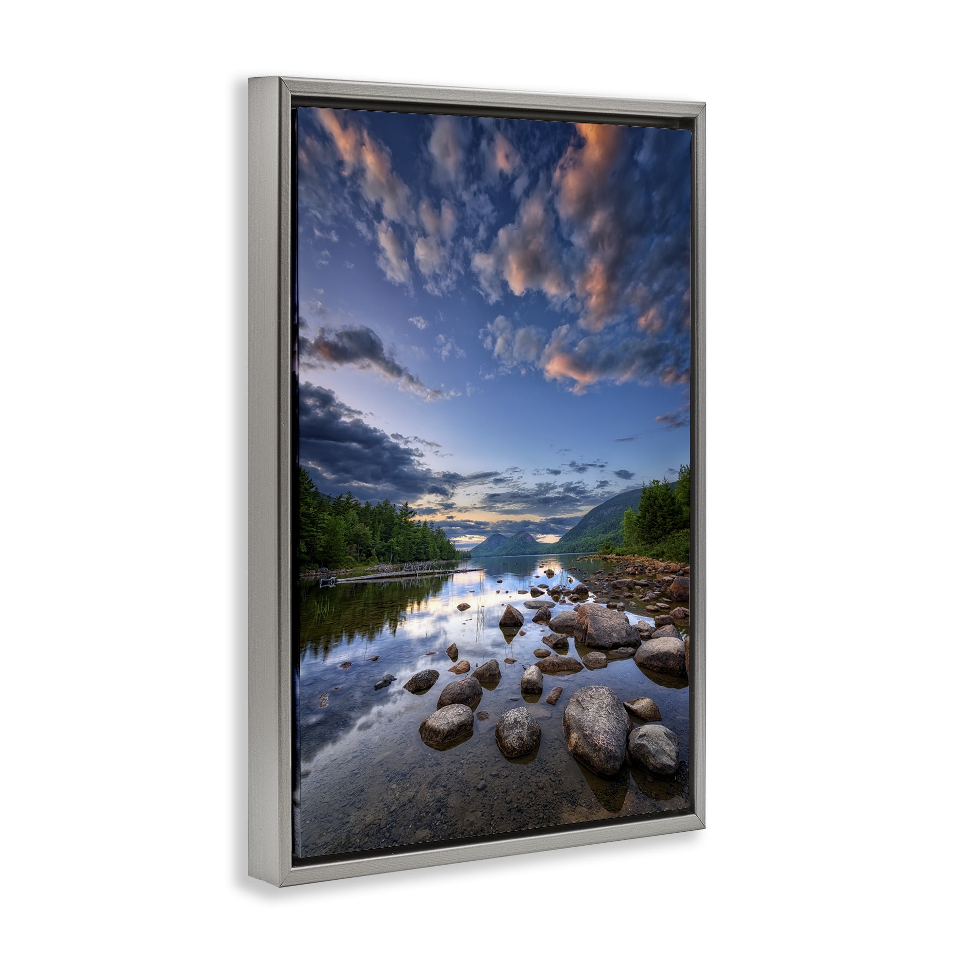 Stupell Industries Rocky Mountainous Shore Landscape & Nature Photography Gray Floater Framed Canvas Art Print Wall Art, 21 x 31