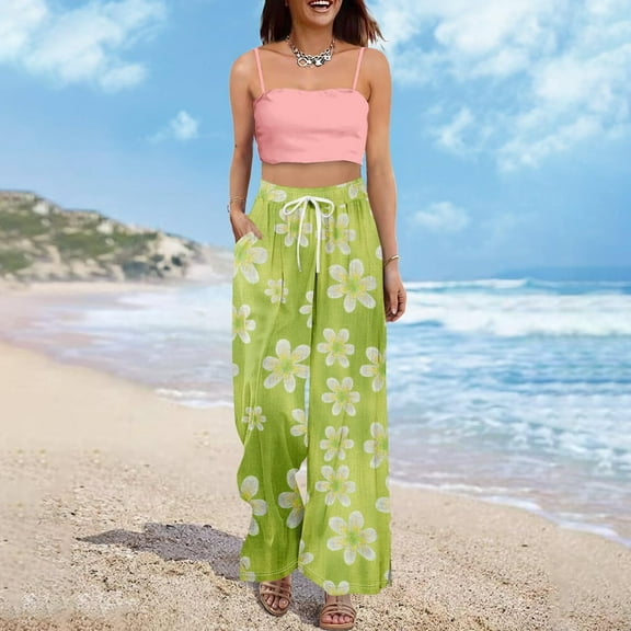 High Waisted Petite Wide Leg Palazzo Pants, Boho Beach Vacation Casual, Polyester Spandex, Green L, Size S-3XL