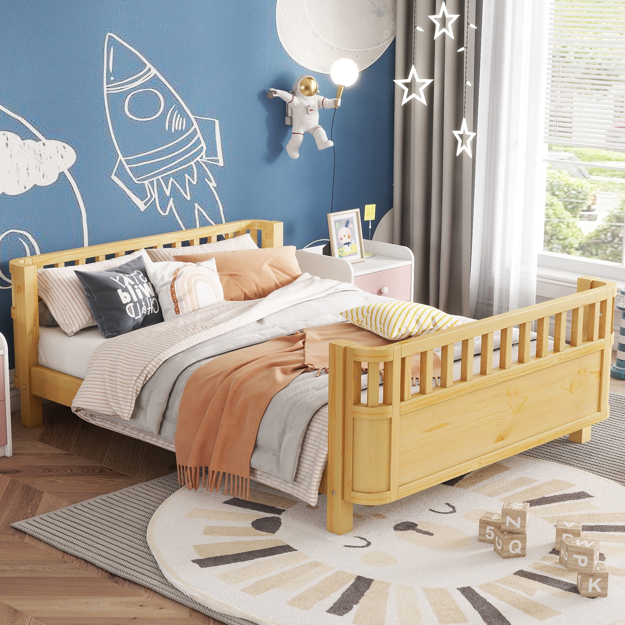 Sesslife Wood Full Platform Bed Frame, Full Size Bed Frame with Salts and Safety Fence for Boys Girls, Low Profile Bed Full with Removable Guardrail, No Box Spring Needed, Natural