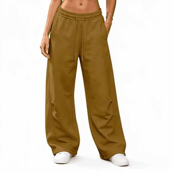 Nfurl Baggy Sweatpants for Women Wide Leg no Cuff Barrel Pants with Pockets Drawstring Elastic Waist Fleece Lined Casual Sweat Pants Brown,S