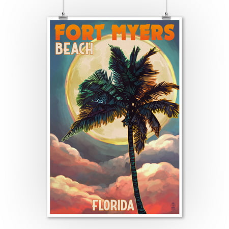 Fort Myers Beach, Florida - Palms & Moon Sunset - Lantern Press Artwork (9x12 Art Print, Wall Decor Travel
