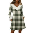 thumbnail image 2 of Women's Knit Dress Long Sleeve V-Neck Flannel Plaid Print Knee Length Dress with Pockets for Fall Casual Loungewear,Light Green,S, 2 of 6