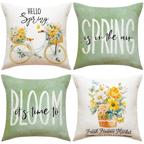 PRIYAL Spring Sunflower Green Bicycle Throw Pillow Covers 18x18 Inches Home Decor Set of 4 Pillow Cases Decorative for Bed Sofa Cushion Couch Outdoor