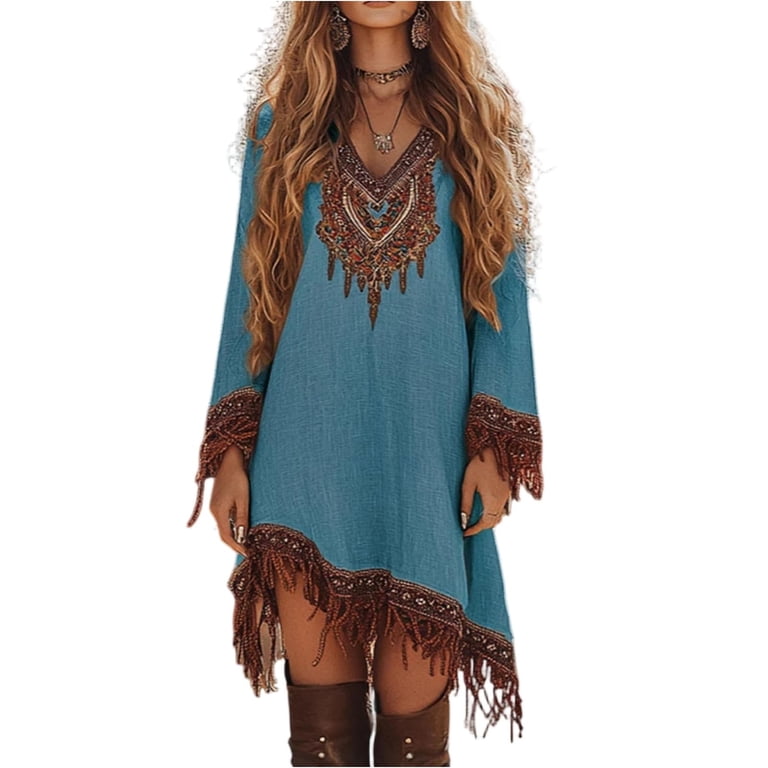 Qolati Womens Western Cowgirls Dress Cowboy Boho Vintage Long Sleeve V Neck Fall Fringe Midi Dress Ethnic Style Embroidery High Low Hem Flowy Vacation