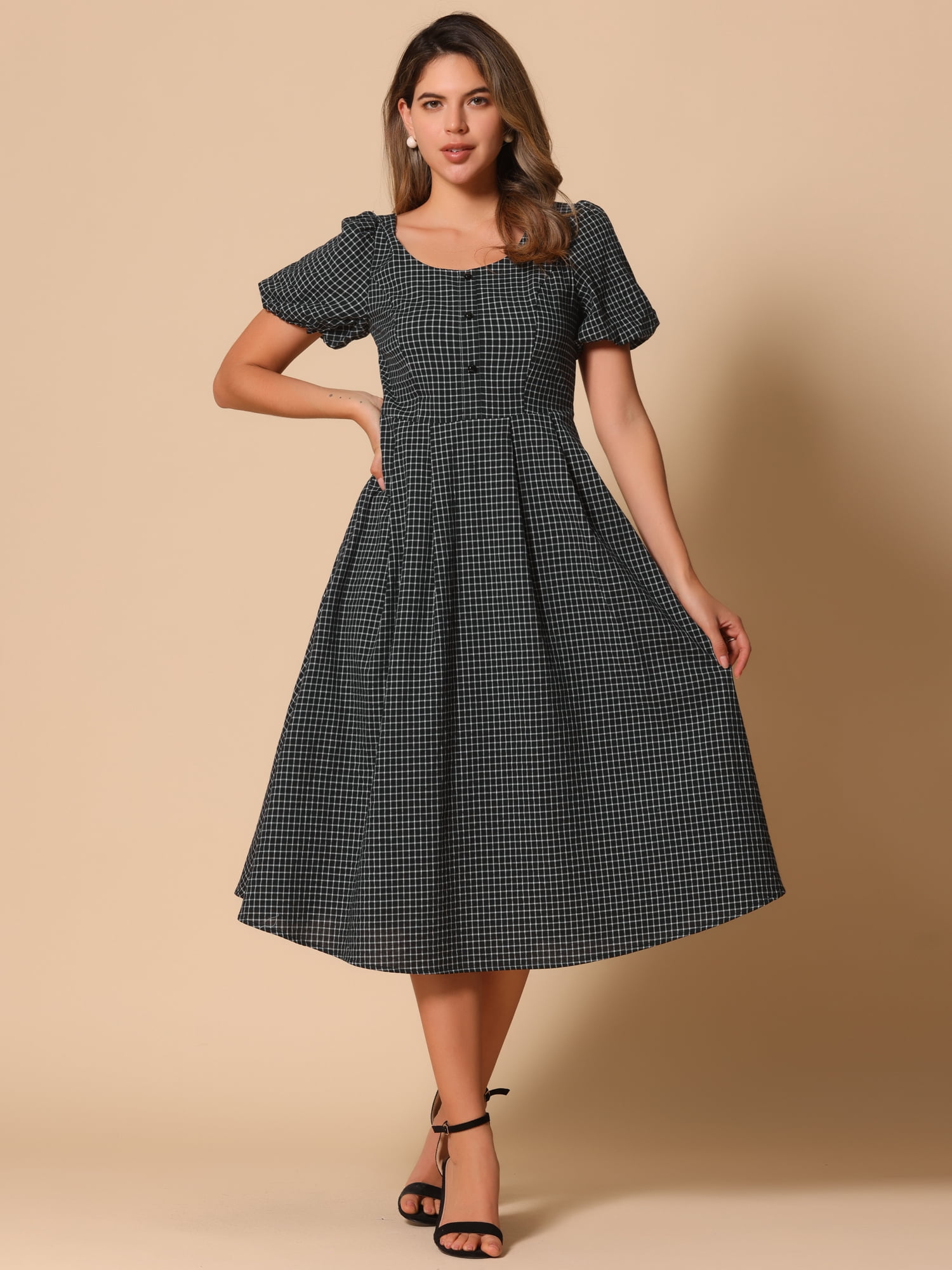 DARING DIVA Women's Crew Neck Puff Short Sleeve Midi Dresses XL Black