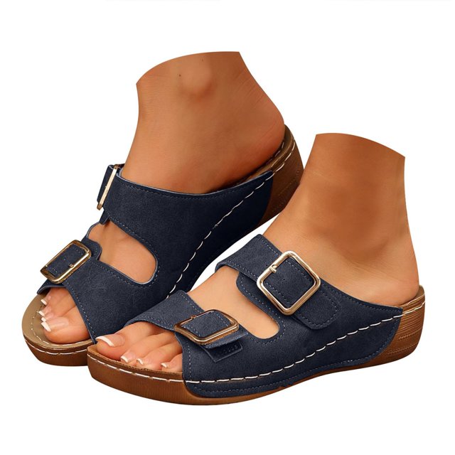 IUJSOY Womens Wedge Sandals Double Buckle Slip on Slippers Comfortable Arch Support Walking Shoes