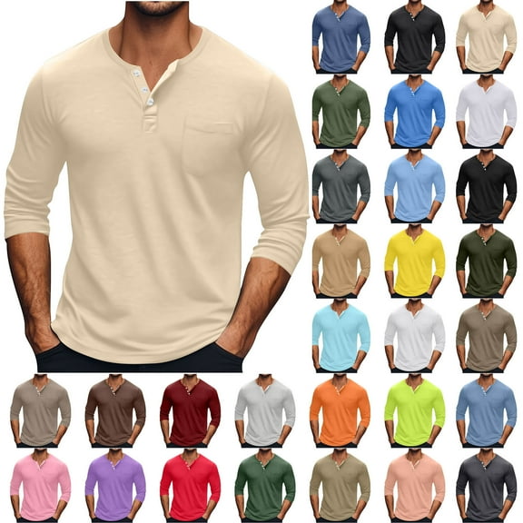 Hipattires Long Sleeve Shirts for Men Henley Big and Tall Pullover Solid Tops , Pocket Round Collar Mens Shirts Lightweight