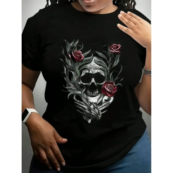 Women's Casual T-Shirt White Skull And Roses Graphic Print For Daily Wear