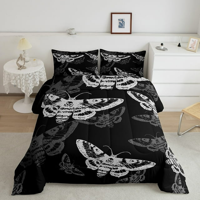 Erosebridal Gothic Moth Bedding Twin Comforter Set, Skull Down Comforter, Mandala Style Decor, Reversible 2 Pieces