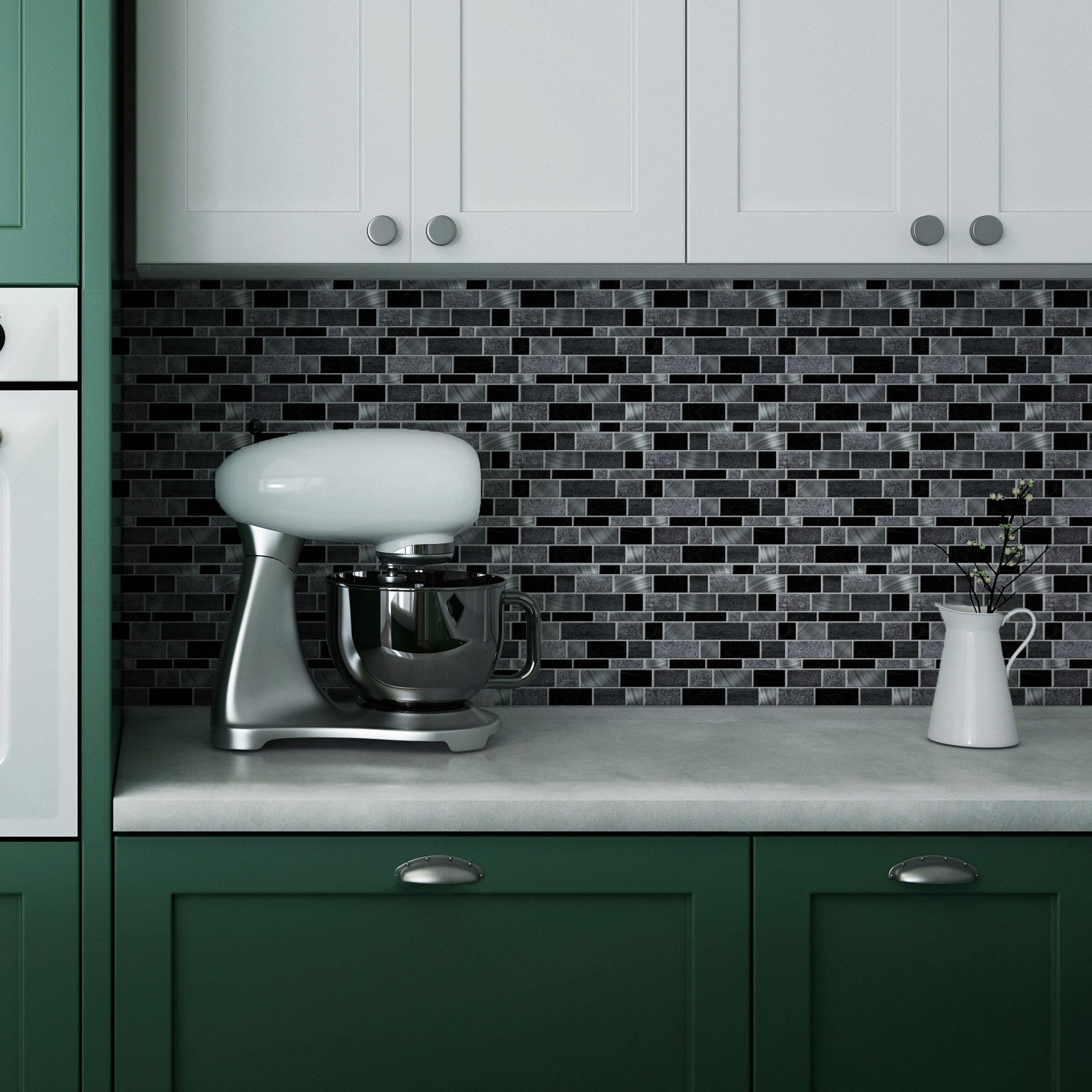 Main Street Peel & Stick Wallpaper Tiles,  Silver and Black Mosaics, 8 in x 8 in, 24 Pack, Self Adhesive Wall Tiles for Kitchen Backsplash and Home Decor