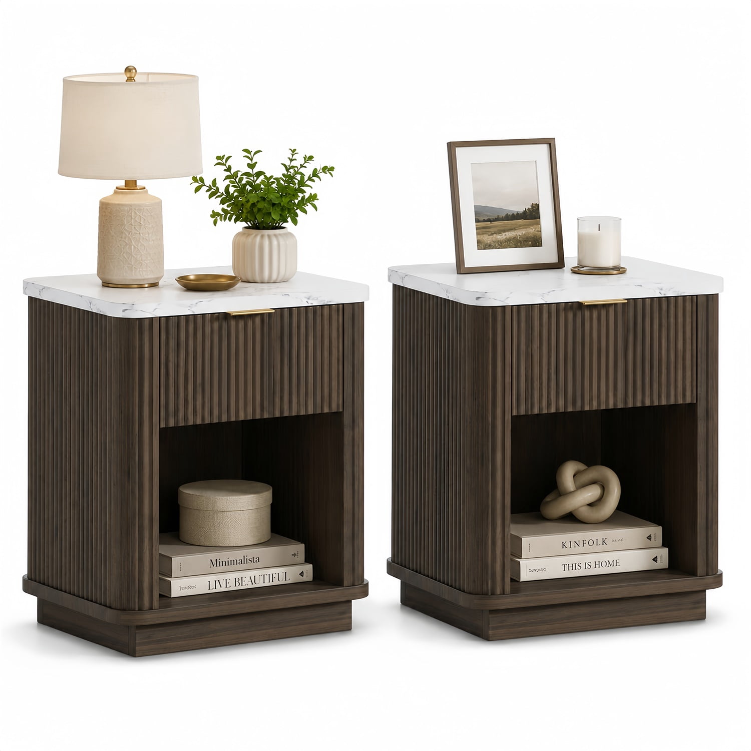 Hommoo Set of 2 Modern Nightstands with Faux Marble Top, Fluted Drawer & Gold Handle, Bedside Tables for Bedroom, Dorm & Living Room, Walnut