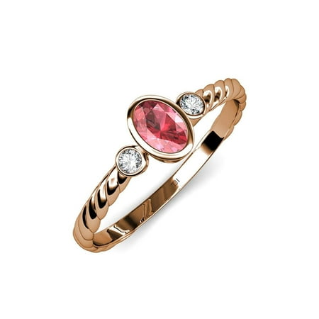 

Pink Tourmaline and Diamond (SI2-I1 G-H) Three Stone Rope Ring 0.53 ct tw in 14K Rose Gold.size 5.0