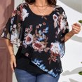 thumbnail image 2 of Estampado Casual Chal Top Cuello Redondo Asimétrico Transpirable Gasa Chal Blusa para Fiesta Compras Viajes Negro XL, 2 of 8