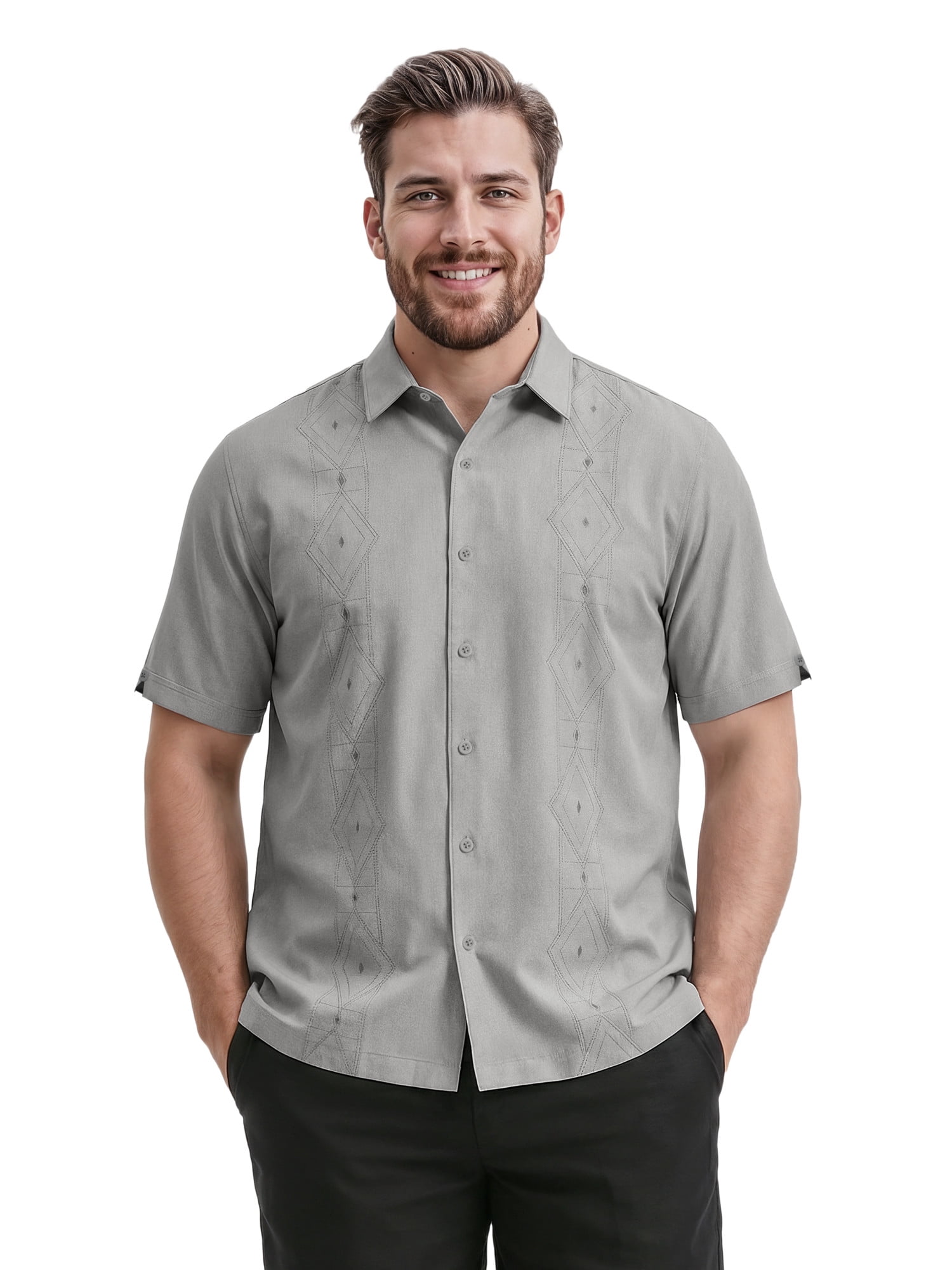 Cafe Luna Men’s and Big Men’s Geo Printed Panels Short Sleeve Button-Down Shirt, S-5XL