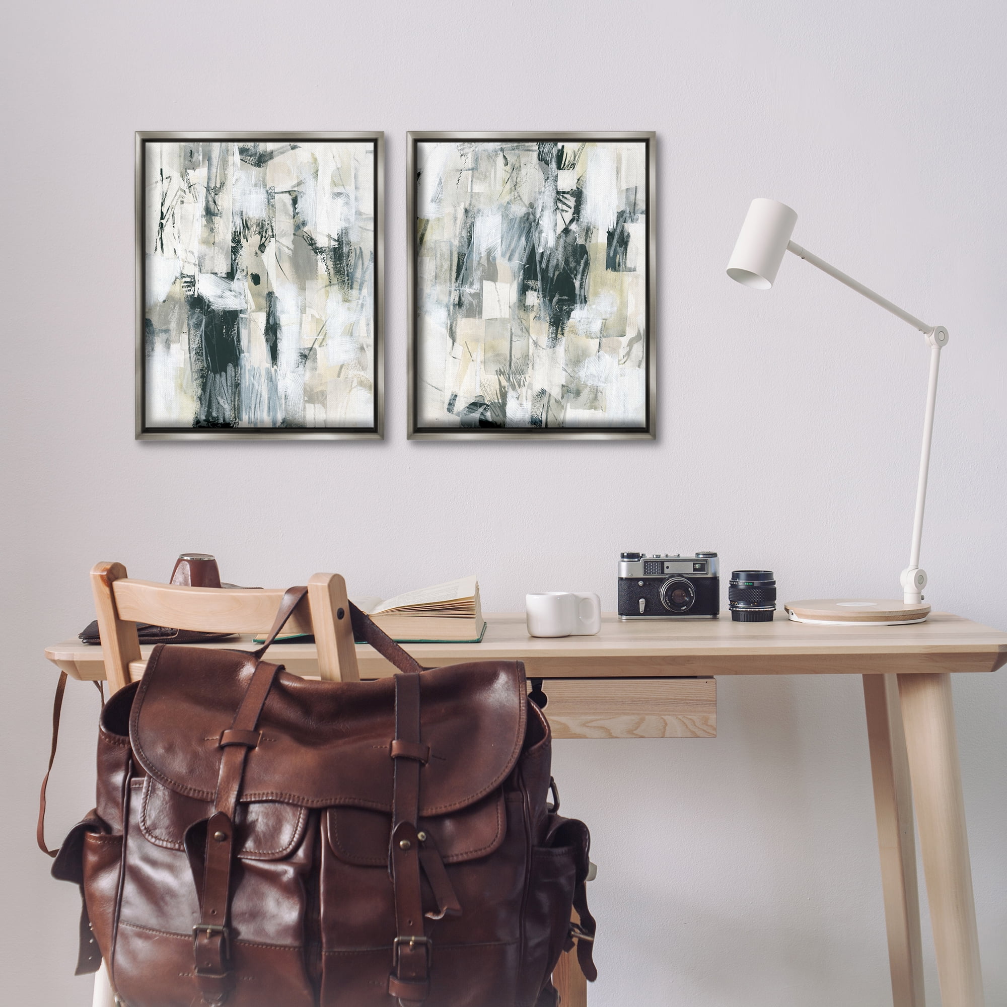 Stupell Industries Abstract Charcoal and Beige Abstract Painting Gray Floater Framed Canvas Art Print Wall Art, 17 x 21, Set of 2