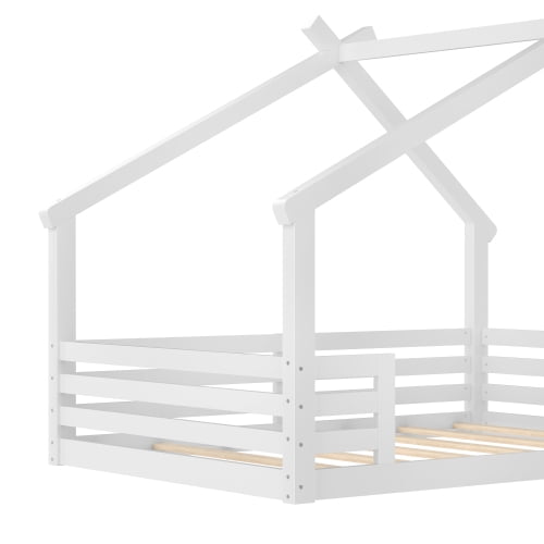 Bellemave Full House Floor Bed with Window and Shelf, Solid Wood Montessori Bed with Roof, Low to Ground House Bed with High Fence for Bedroom, White