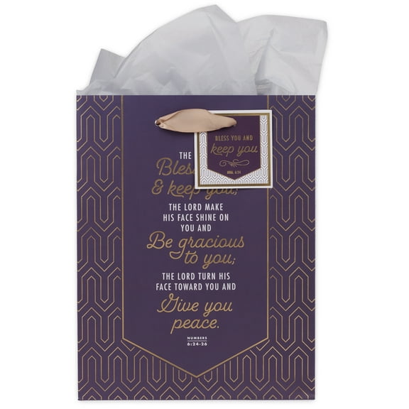 Christian Art Gifts Decorative Portrait Gift Bag w/Tissue Paper Set for Women: The Lord Bless You and Keep You - Numbers 6:24 Inspirational Bible Verse for Birthdays, Weddings, Purple & Gold, Medium