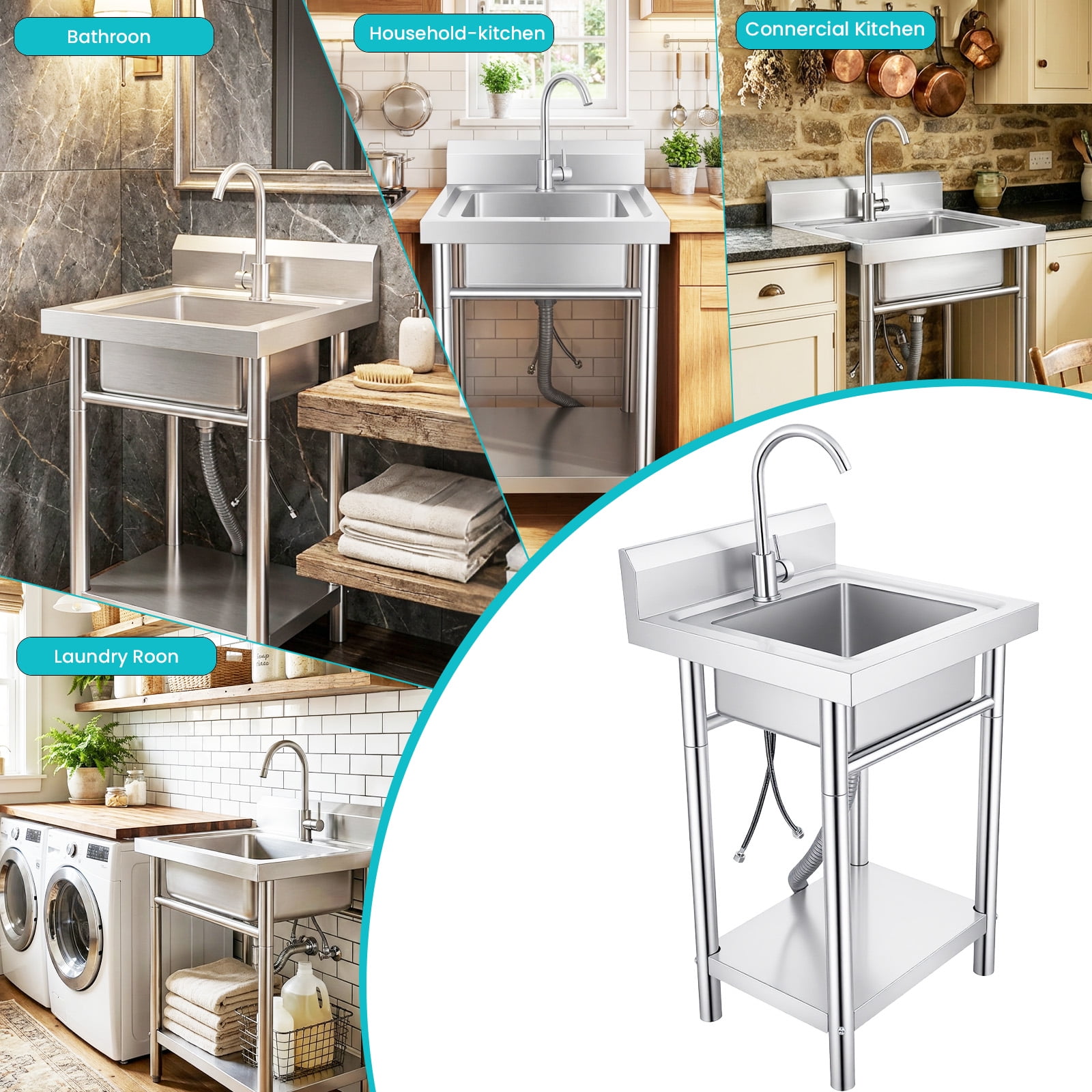Commercial Kitchen Sink Free Standing Single Bowl Washing Hand Basin Laundry Tub Utility Sink 20 in Silver Lightweight with Installation Kit for Café, Bistro, Indoor