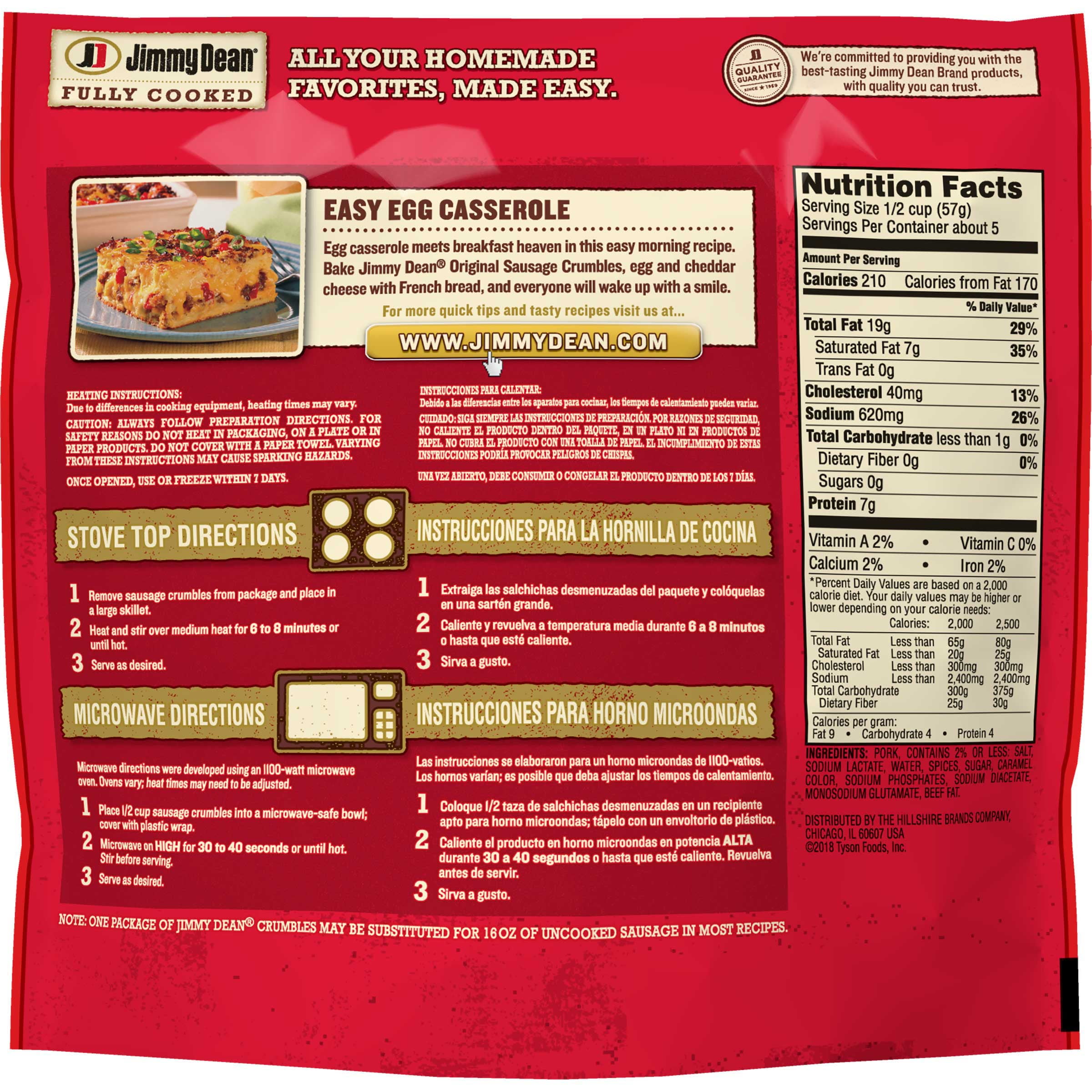 Jimmy Dean Fully Cooked Original Pork Sausage Crumbles, 9.6 Ounce -- 6 per Case