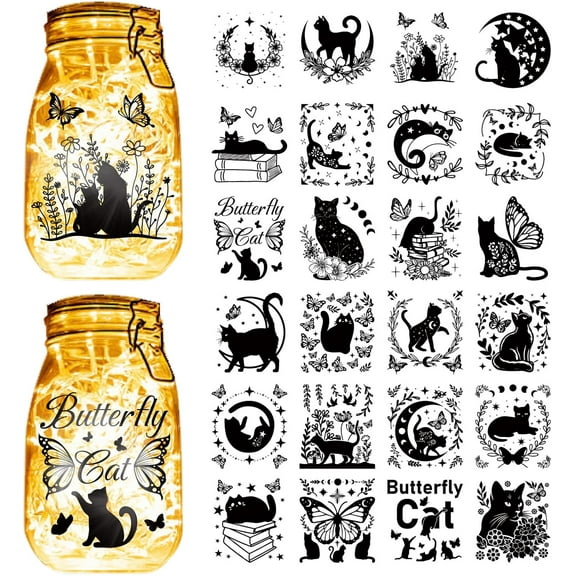 24 Pcs Halloween Cat Mason Jar Decor Silhouettes Decals Scrapbooking Sticker Cardboard Making Crafts Laser Cut PVC Waterproof Decoration Home Display for Christmas Camping 3.5x3.9 Inch
